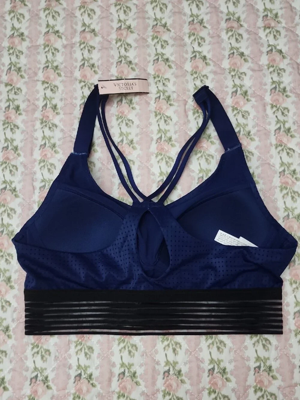 NWT Victoria Sport Navy Blue Sexy Sports Bra with Black Striped Mesh 32A